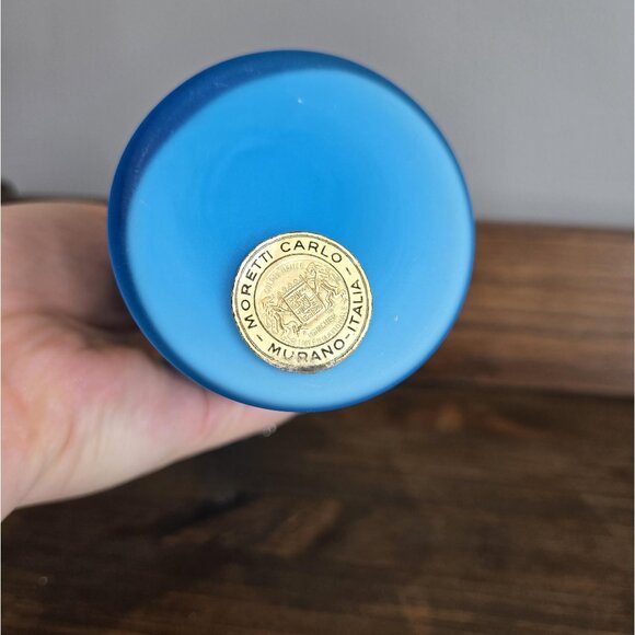 Carlo Moretti Murano Hooped Vase Satinato Satin Finish Rare MCM Blue Opaline - Picture 2 of 9